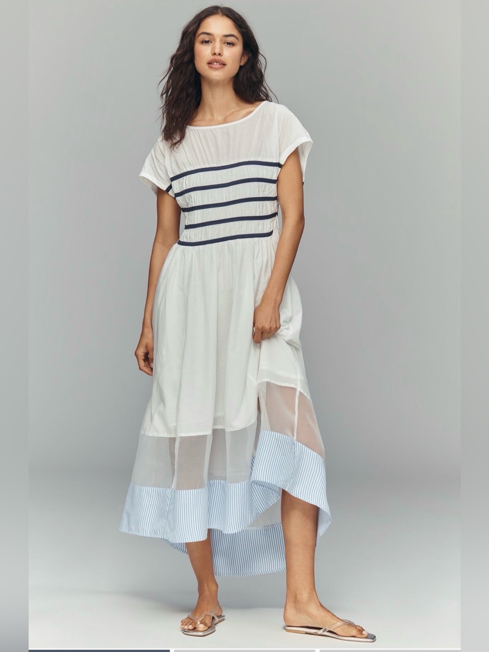 NWT Anthropologie Maeve Smocked Short Sleeve Sheer Hem Midi Dress